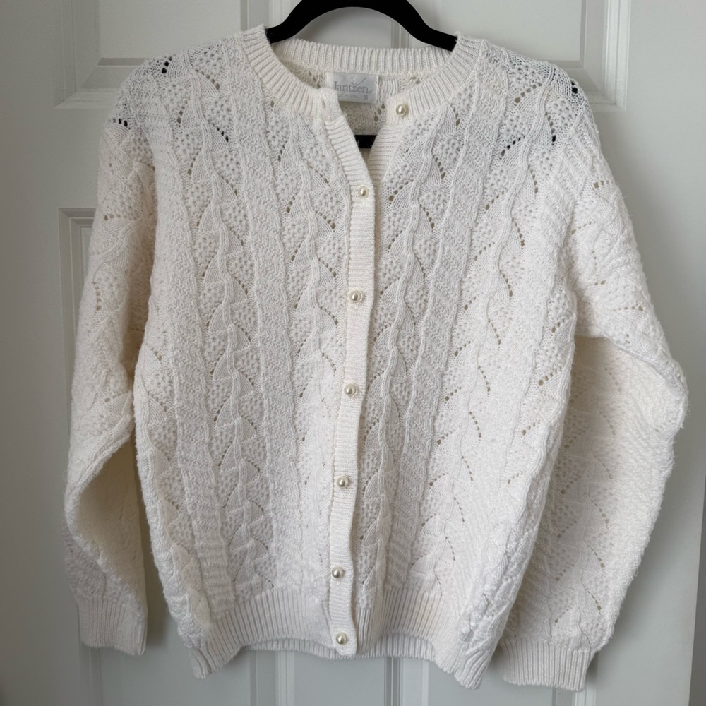 Jantzen VTG Cottage Core Pearl Cable Knit‎ Cardigan Sweater Sz S Retro 70s 80s